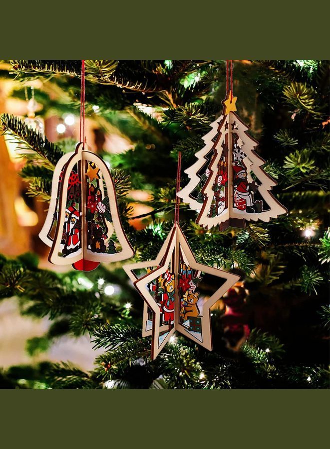 Christmas Tree Pendants Wooden Hollow 3D Ornaments for Party Decoration Christmas Tree  - Image 5