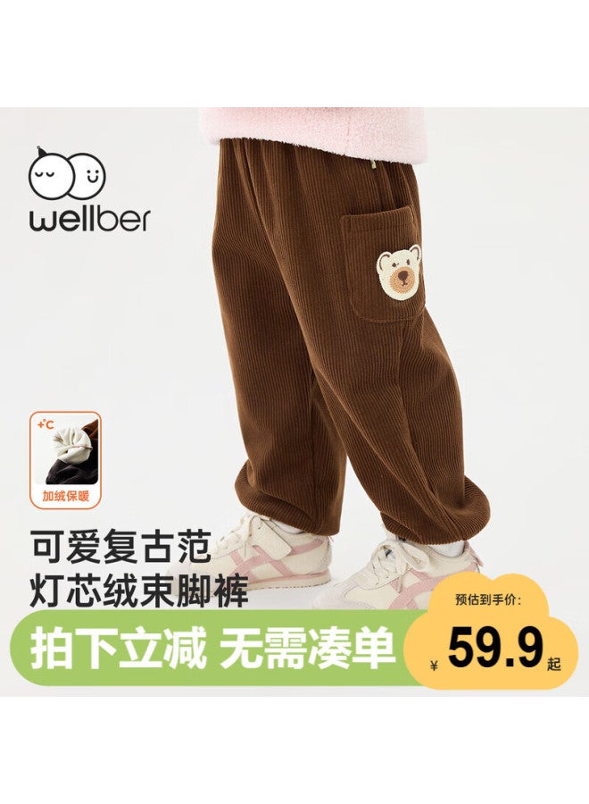 Wellber Autumn Winter Uni Children's Corduroy Drawstring Pants Baby Fleece Lined Warm Trousers Coffee Color Size 120