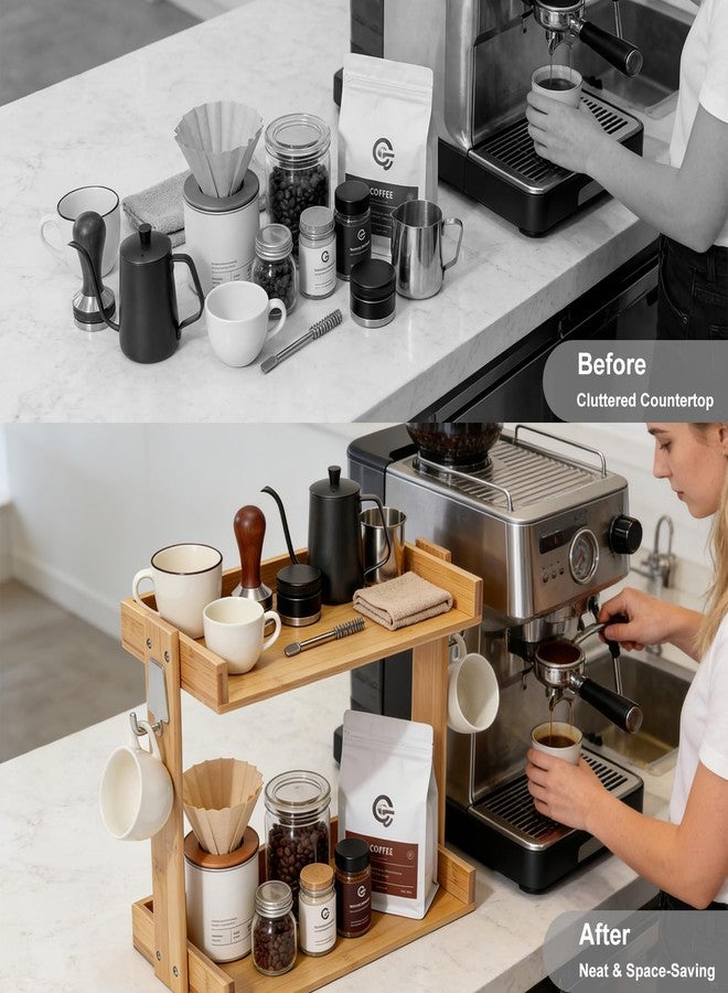 PELYN Coffee Station Organizer for Countertop, 2-Tier Bamboo Coffee Bar Station Organizer with Mug Hooks, Coffee Organizer Shelf for Countertop, Matcha Stand & Tea Station - Image 5