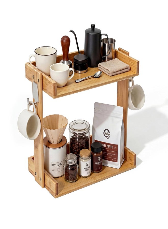PELYN Coffee Station Organizer for Countertop, 2-Tier Bamboo Coffee Bar Station Organizer with Mug Hooks, Coffee Organizer Shelf for Countertop, Matcha Stand & Tea Station - Image 1