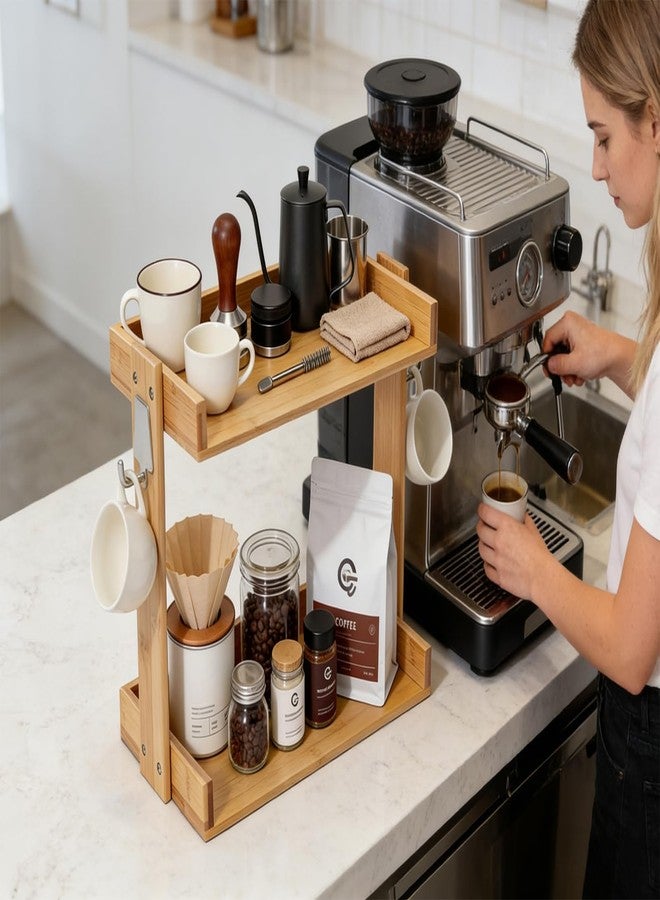 PELYN Coffee Station Organizer for Countertop, 2-Tier Bamboo Coffee Bar Station Organizer with Mug Hooks, Coffee Organizer Shelf for Countertop, Matcha Stand & Tea Station - Image 4