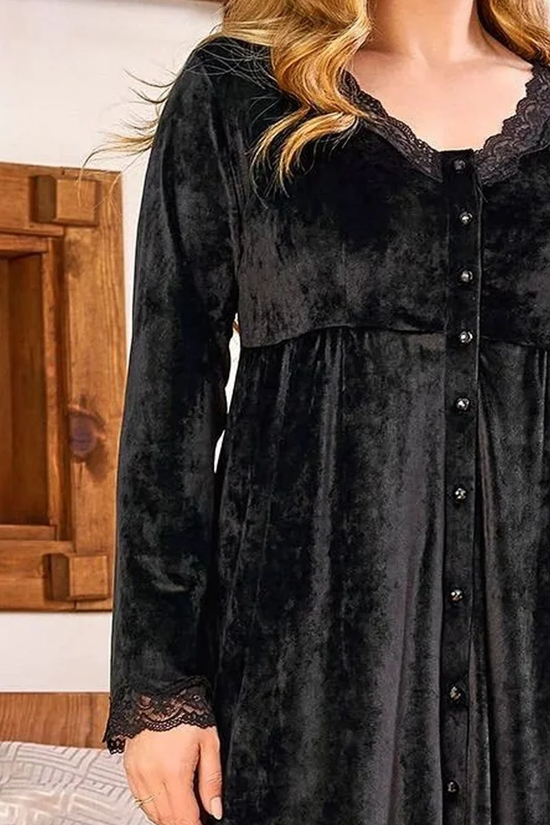 Cossy By Aqua 24165 Women's Long Sleeve Velvet Front Buttoned Nightgown - Black