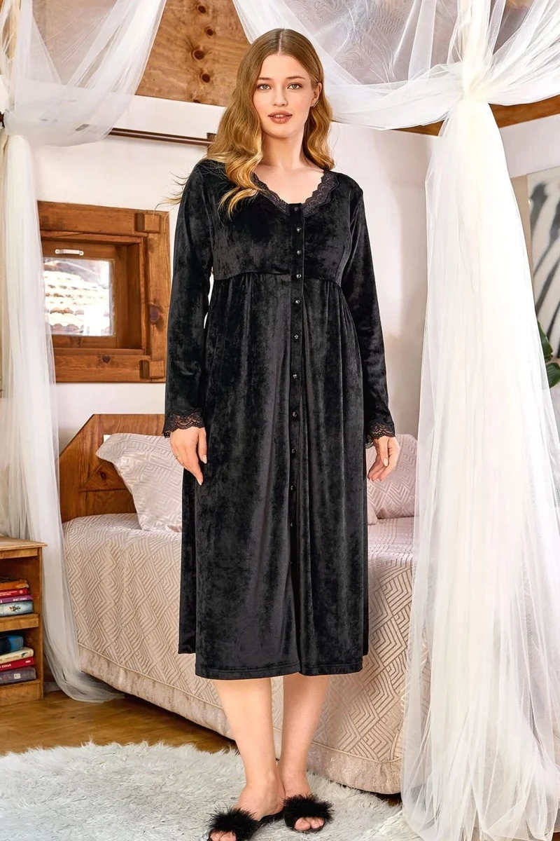 Cossy By Aqua 24165 Women's Long Sleeve Velvet Front Buttoned Nightgown - Black