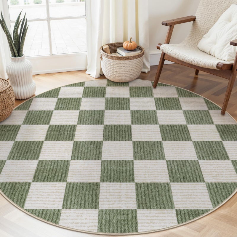 LIVEBOX Checkered Round Rug 6 Ft Washable Area Rug for Playroom, Kids Non-Slip Neutral Classic Circle Rug Geometric Large Carpet Soft Boys Rug for Classroom Dorm Bedroom(Sage Green,180R) - Image 1