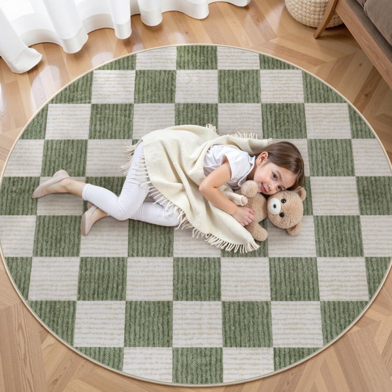 LIVEBOX Checkered Round Rug 6 Ft Washable Area Rug for Playroom, Kids Non-Slip Neutral Classic Circle Rug Geometric Large Carpet Soft Boys Rug for Classroom Dorm Bedroom(Sage Green,180R) - Image 3