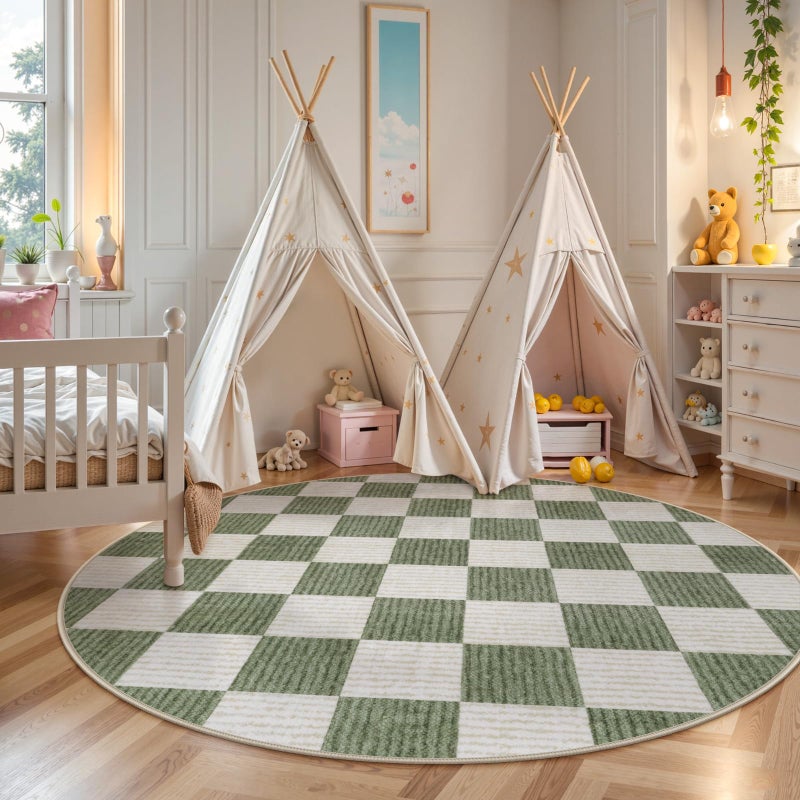 LIVEBOX Checkered Round Rug 6 Ft Washable Area Rug for Playroom, Kids Non-Slip Neutral Classic Circle Rug Geometric Large Carpet Soft Boys Rug for Classroom Dorm Bedroom(Sage Green,180R) - Image 2