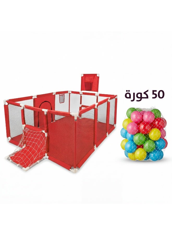 بيت كور ومحبس أطفال كبير (١٨٢×١٢٢ سم) مع مرمى وحلقة سلة + ٥٠ كرة هدية - ساحة لعب متكاملة - Image 1