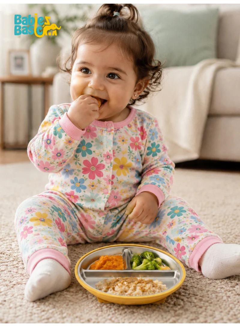 Babies Basic Babies Basic Stainless Steel plate with suction for Kids, Yellow