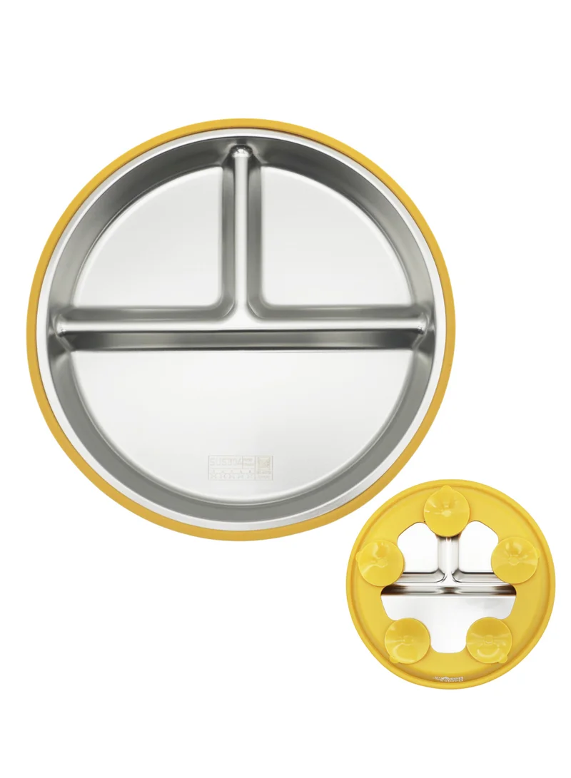 Babies Basic Babies Basic Stainless Steel plate with suction for Kids, Yellow