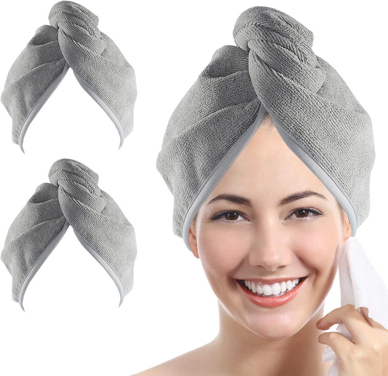 YoulerTex Microfiber Hair Towel Wrap for Women, 2 Pack 10 inch X 26 inch, Super Absorbent Quick Dry Hair Turban for Drying Curly, Long & Thick Hair(Gray) - Image 1