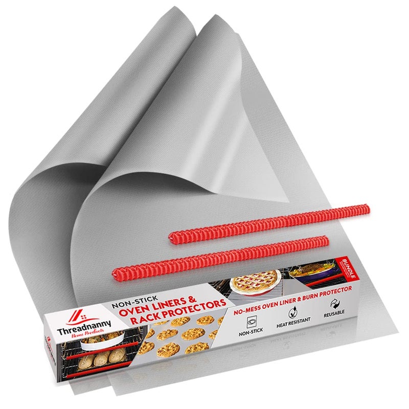 ThreadNanny Oven Liners for Bottom of Oven Silver (2-pack) Bundled with Rack Shields (2-pack) - Large Mat for Bottom of Stove (17"x 25") and 14" Silicone Rack Protectors - Reusable & Heat Resistant - Image 1