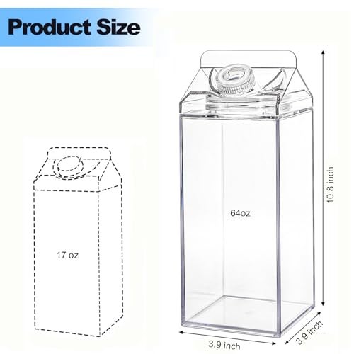 Bekith 2 Pack 64 Oz Large Milk Carton Water Bottle, Clear Plastic Milk Bottle with Cleaning Brush, Portable Leakproof Square Juice Bottle Reusable Milk Container for Outdoor Sports Travel Camping - Image 2