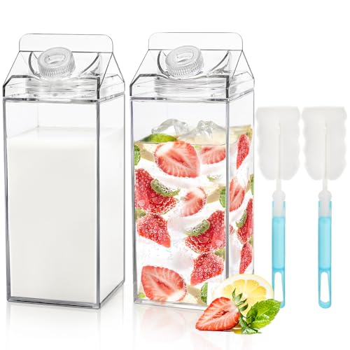 Bekith 2 Pack 64 Oz Large Milk Carton Water Bottle, Clear Plastic Milk Bottle with Cleaning Brush, Portable Leakproof Square Juice Bottle Reusable Milk Container for Outdoor Sports Travel Camping - Image 1