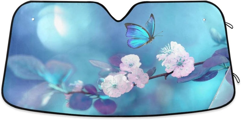 Oarencol Butterfly Flowers Car Windshield Sun Shade Yellow Pink Floral Blue Foldable UV Ray Sun Visor Protector Sunshade to Keep Your Vehicle Cool (55" x 27.6") - Image 1