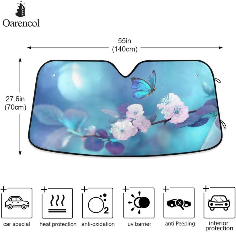 Oarencol Butterfly Flowers Car Windshield Sun Shade Yellow Pink Floral Blue Foldable UV Ray Sun Visor Protector Sunshade to Keep Your Vehicle Cool (55" x 27.6") - Image 2