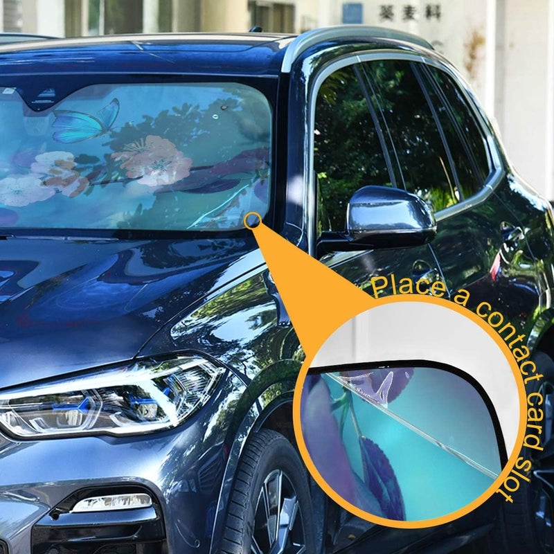 Oarencol Butterfly Flowers Car Windshield Sun Shade Yellow Pink Floral Blue Foldable UV Ray Sun Visor Protector Sunshade to Keep Your Vehicle Cool (55" x 27.6") - Image 3