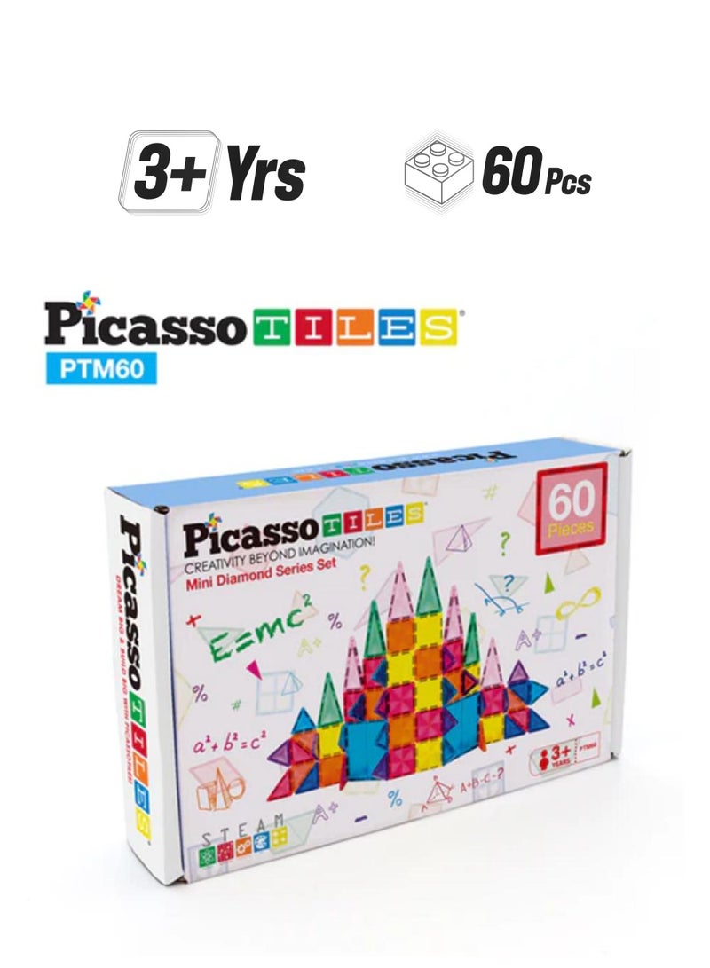 PicassoTiles 60 Pieces Magnetic Building Block Mini Diamond Series Travel Size On-the-Go Magnetic Construction Toy Set, Educational Toy Children's Brain Development Stacking Blocks PTM60 for Boys & Girls Age 3+ - Image 1