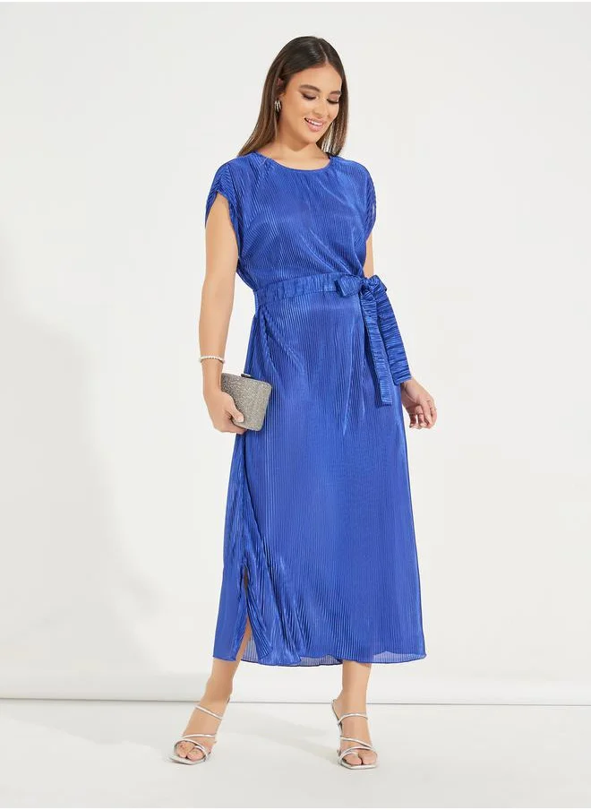 Styli Plisse Cap Sleeves Shift Midi Dress