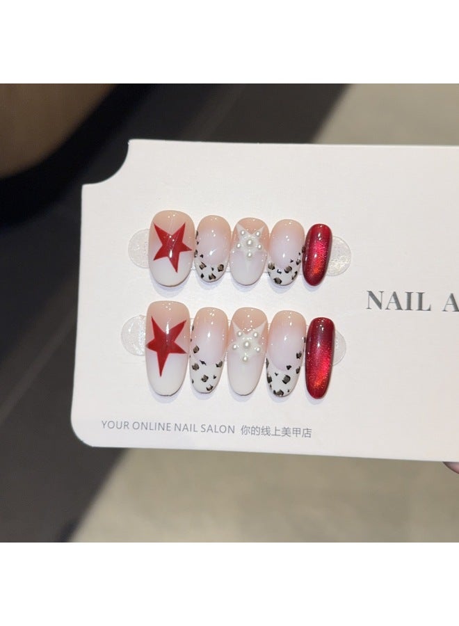 Sweet Cool Leopard Print Retro Red Cat Eye Whitening Style Handmade Wearable Manicure Patch Fake Nails