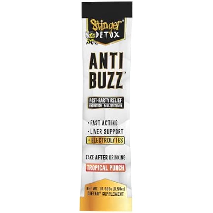 Stinger Detox Anti-Buzz Post-Celebration, Hydration & Multivitamin Packet Drink Mix | DHM, VIT. B Complex, Riboflavin, Niacin + Electrolytes | Tropical Punch 1 Pack (6 Servings) - Image 3