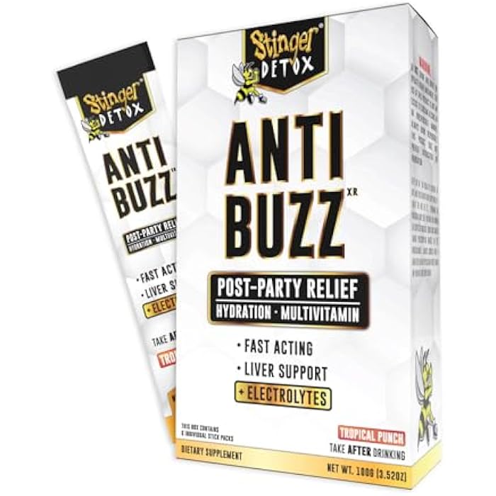 Stinger Detox Anti-Buzz Post-Celebration, Hydration & Multivitamin Packet Drink Mix | DHM, VIT. B Complex, Riboflavin, Niacin + Electrolytes | Tropical Punch 1 Pack (6 Servings) - Image 1