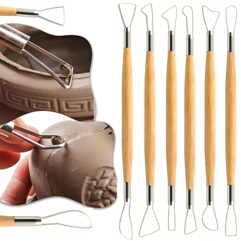 CLAPONE Wooden Handle Clay Pottery Sculpting Tools/Pottery Tool/Pottery Tools Kit for Clay/Sculpture/Tools for Art and Craft/Ceramic Modeling Tool/Crafting Supplies (6pcs Double-Sided Clay Sculpting) - Image 1