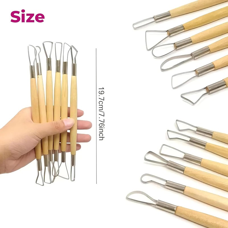 CLAPONE Wooden Handle Clay Pottery Sculpting Tools/Pottery Tool/Pottery Tools Kit for Clay/Sculpture/Tools for Art and Craft/Ceramic Modeling Tool/Crafting Supplies (6pcs Double-Sided Clay Sculpting) - Image 2