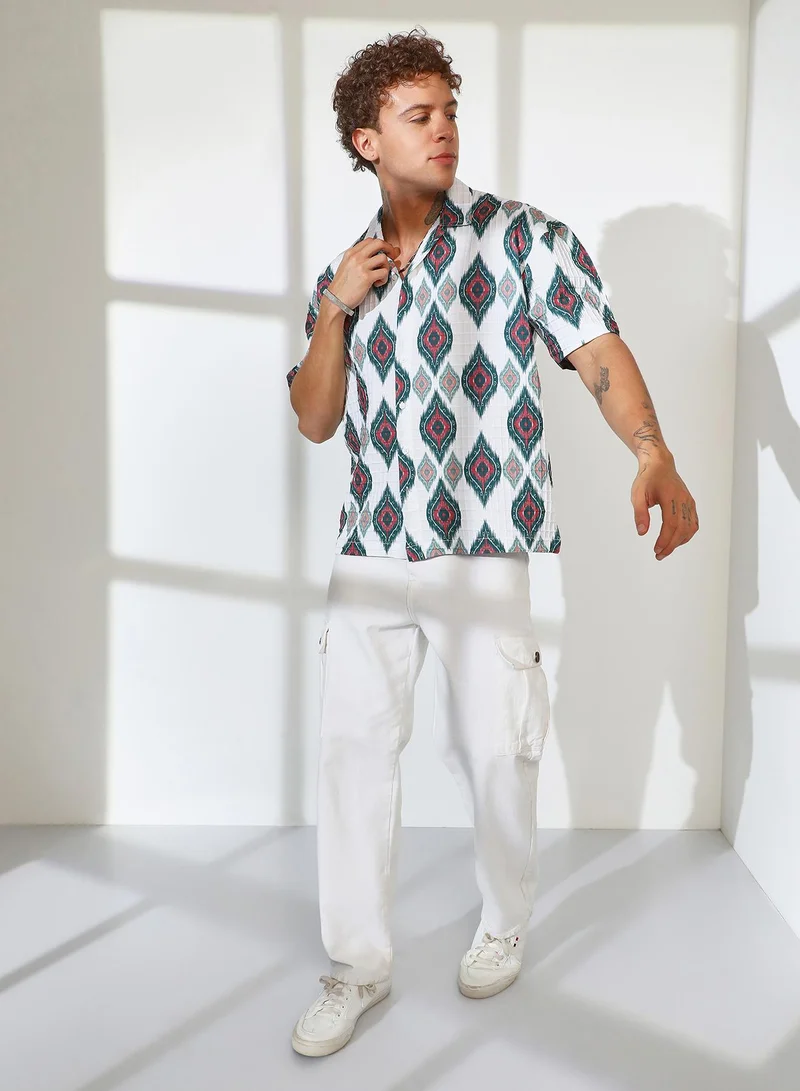 CAHOOT  Men's Chalk White Ikkat Motif Oversized Shirt for Men | Best Price UAE