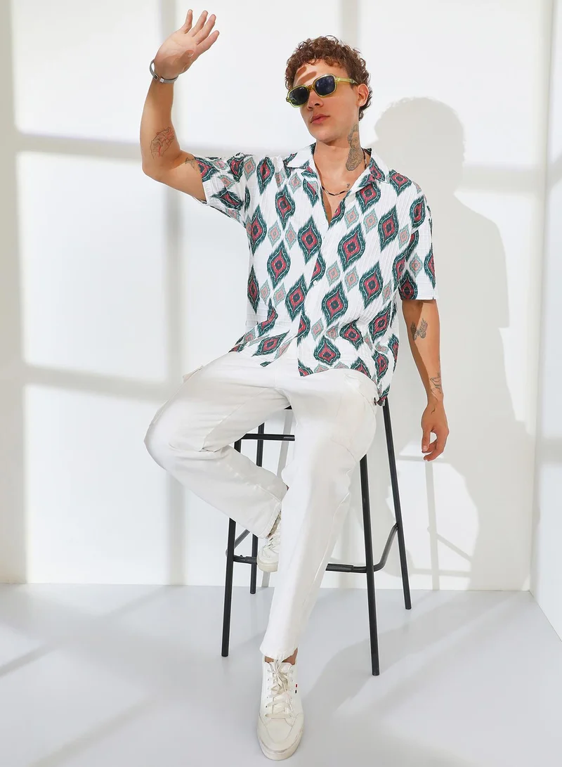 CAHOOT  Men's Chalk White Ikkat Motif Oversized Shirt for Men | Best Price UAE