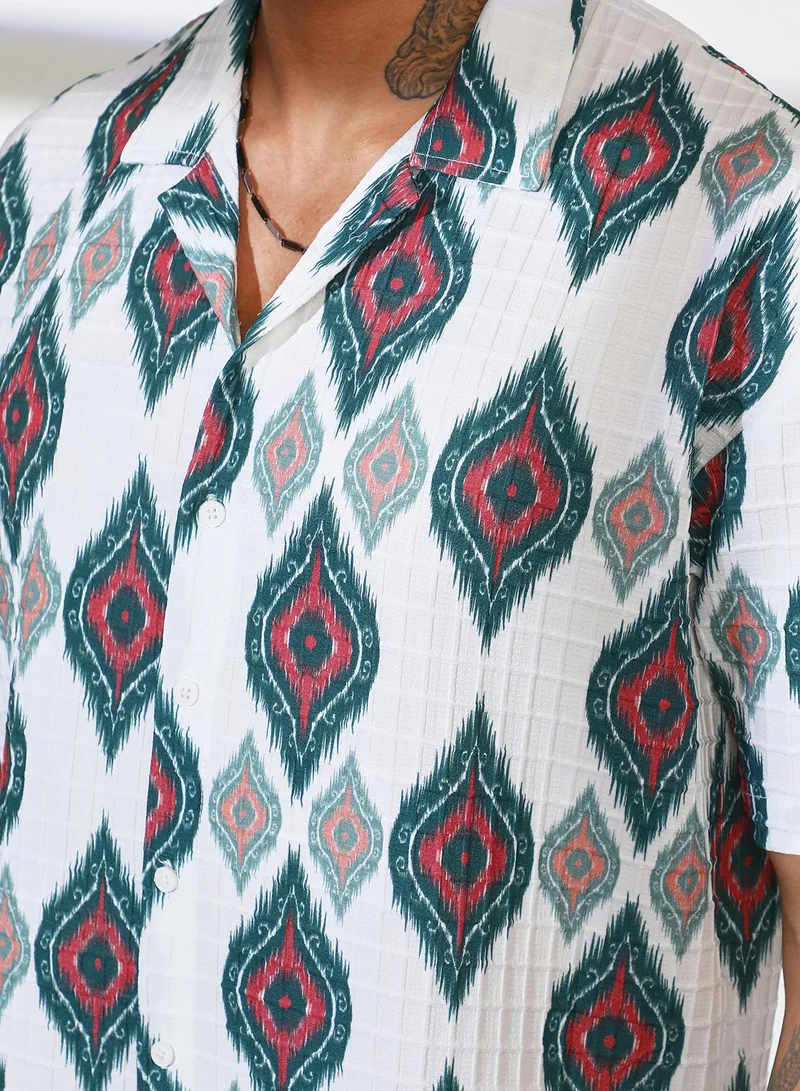 CAHOOT  Men's Chalk White Ikkat Motif Oversized Shirt for Men | Best Price UAE