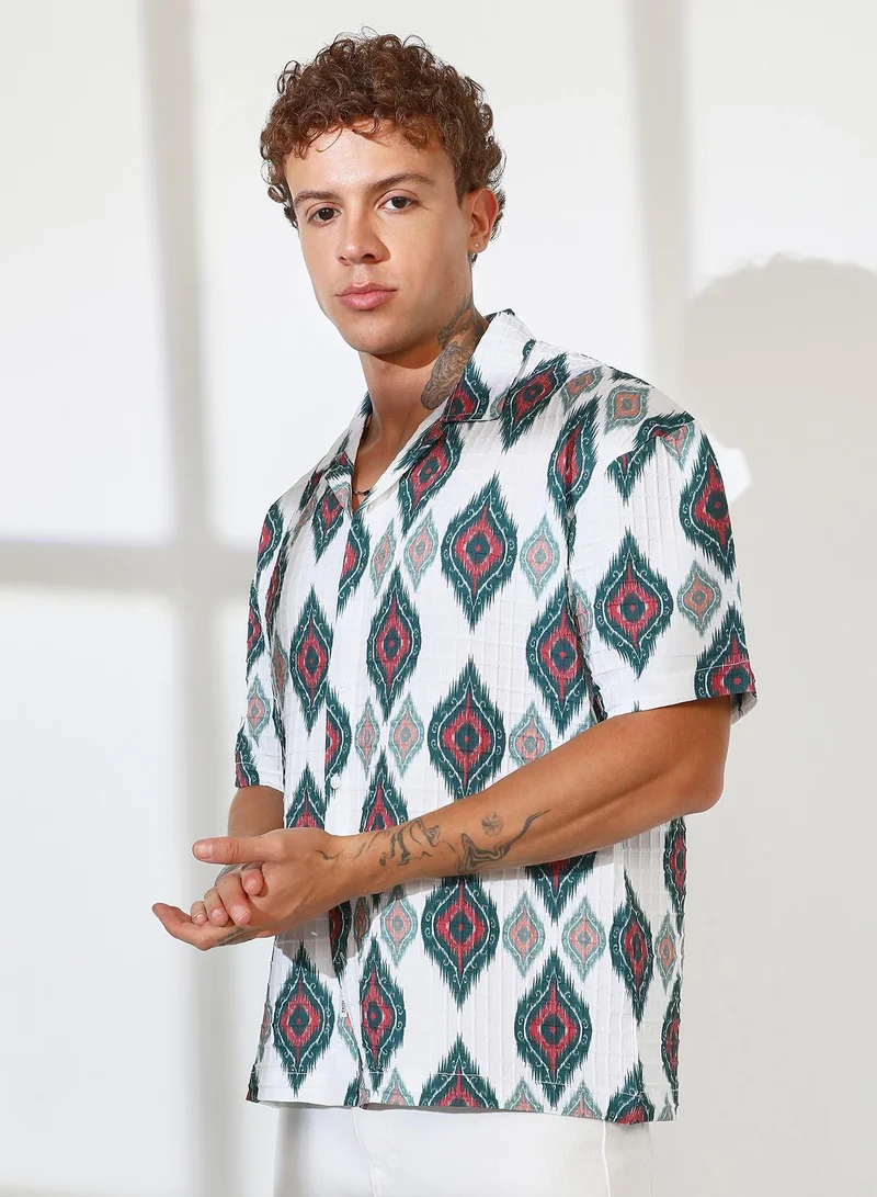 CAHOOT  Men's Chalk White Ikkat Motif Oversized Shirt for Men | Best Price UAE