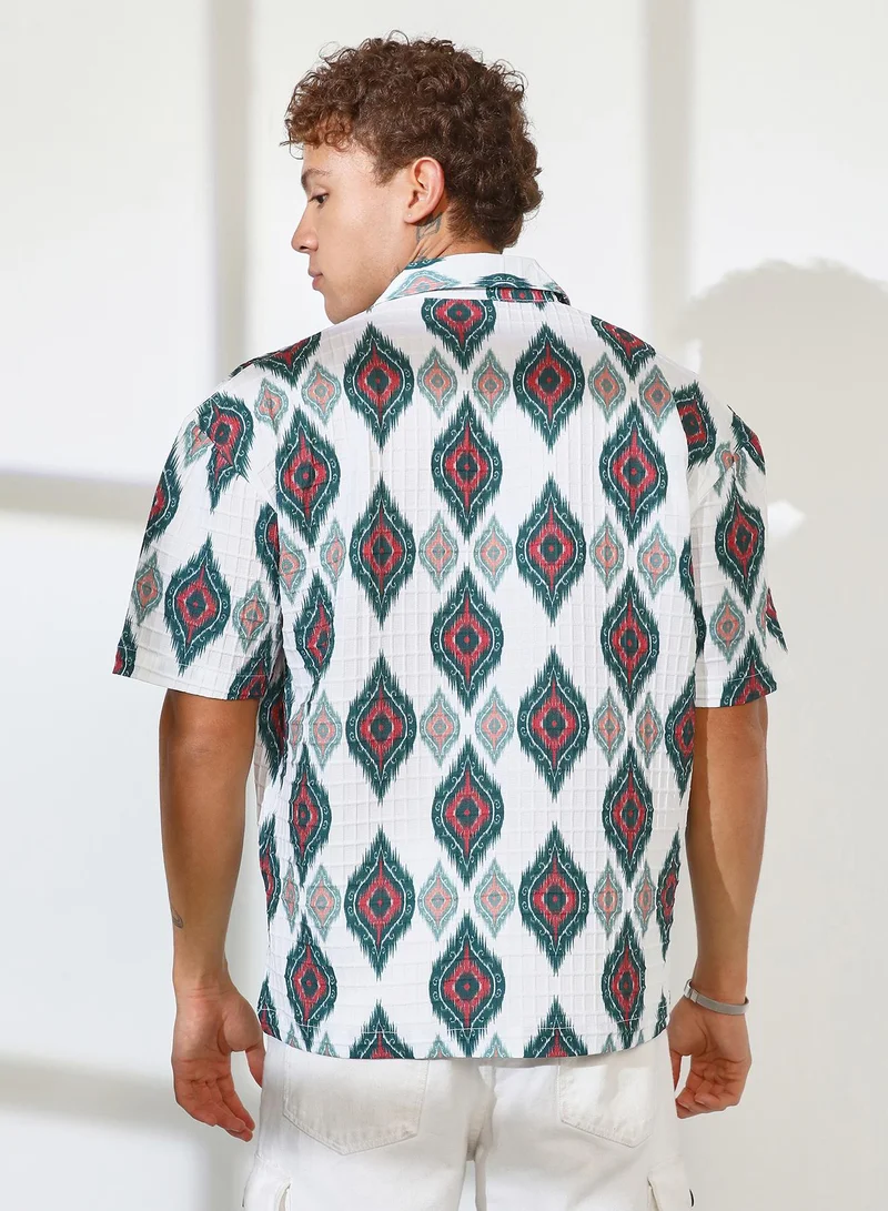 CAHOOT  Men's Chalk White Ikkat Motif Oversized Shirt for Men | Best Price UAE