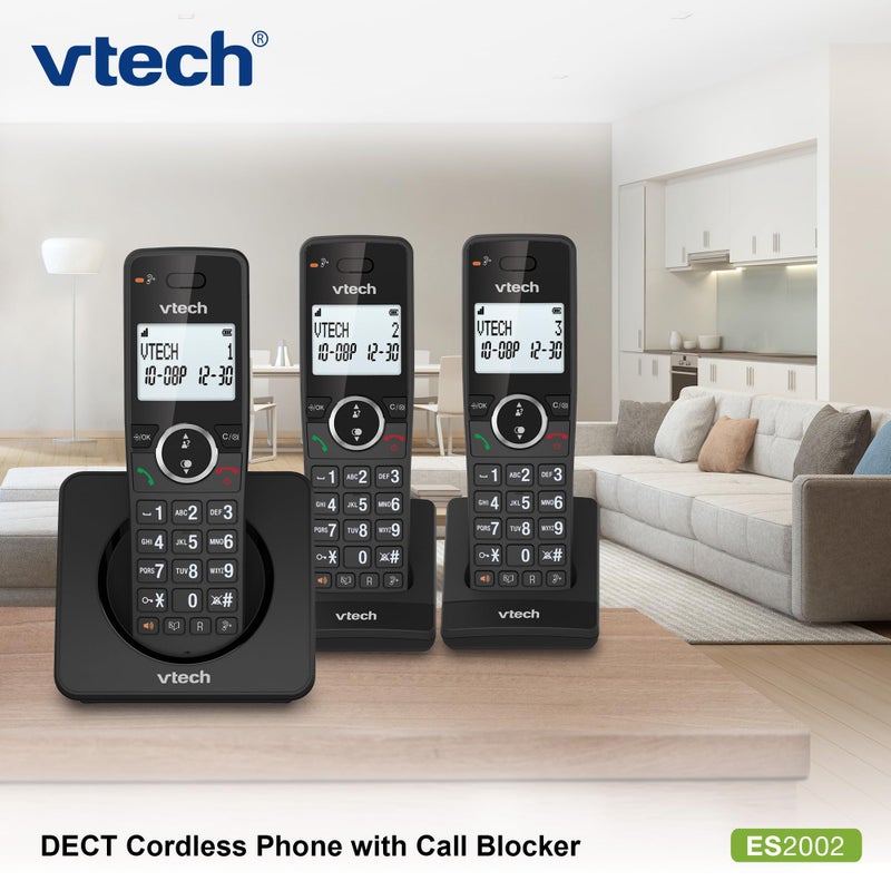 VTech ES2002 DECT Cordless Phone with Nuisance Call Blocker,Easy-to-Read Backlit Display,ECO Mode,Landline Phone with 18 Hours Talk-time,Volume Booster,Handsfree Speakerphone,Speed Dial,Trio Handset - Image 2