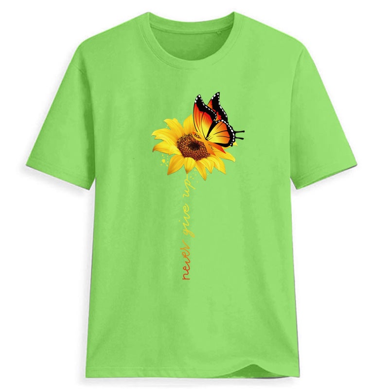Butterfly Sunflower Sunflower Print Short Sleeve T-Shirt Explosive Foreign Trade One Drop Shipping green XXL - Image 1