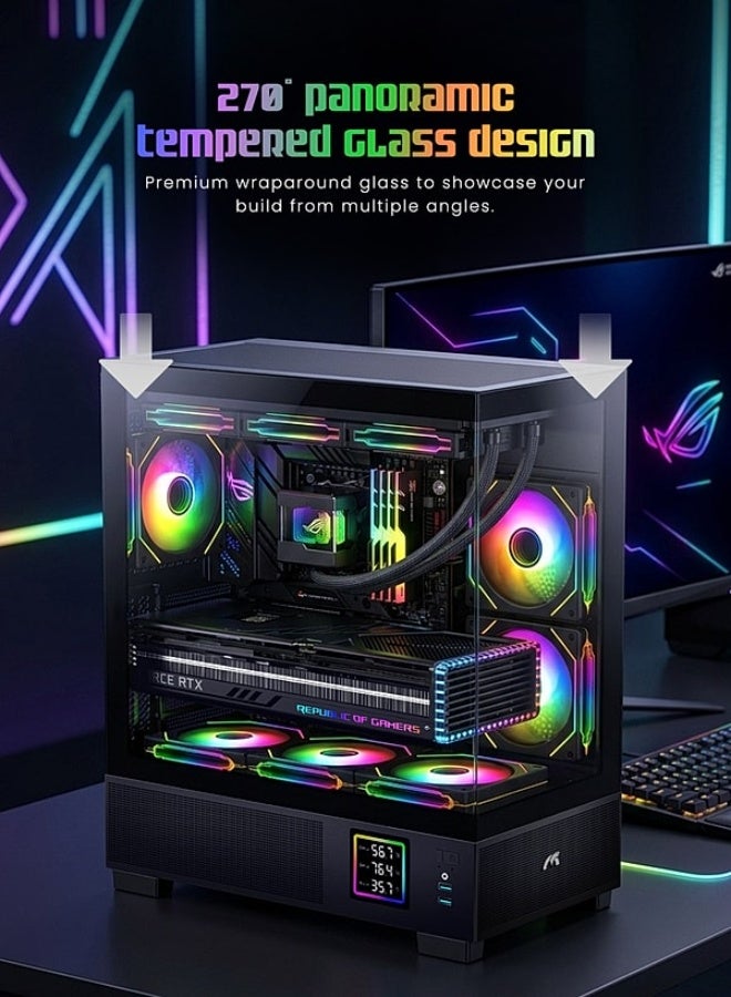 تورتوكس نيمبوس برايم أسود، صندوق كمبيوتر للألعاب متوافق مع ATX، بزجاج مقوى، وشاشة رقمية لعرض درجة الحرارة، و6 مراوح ARGB بإضاءة دائرية - Image 5