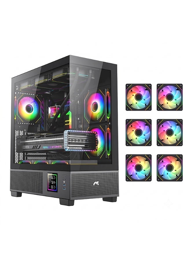 تورتوكس نيمبوس برايم أسود، صندوق كمبيوتر للألعاب متوافق مع ATX، بزجاج مقوى، وشاشة رقمية لعرض درجة الحرارة، و6 مراوح ARGB بإضاءة دائرية - Image 1