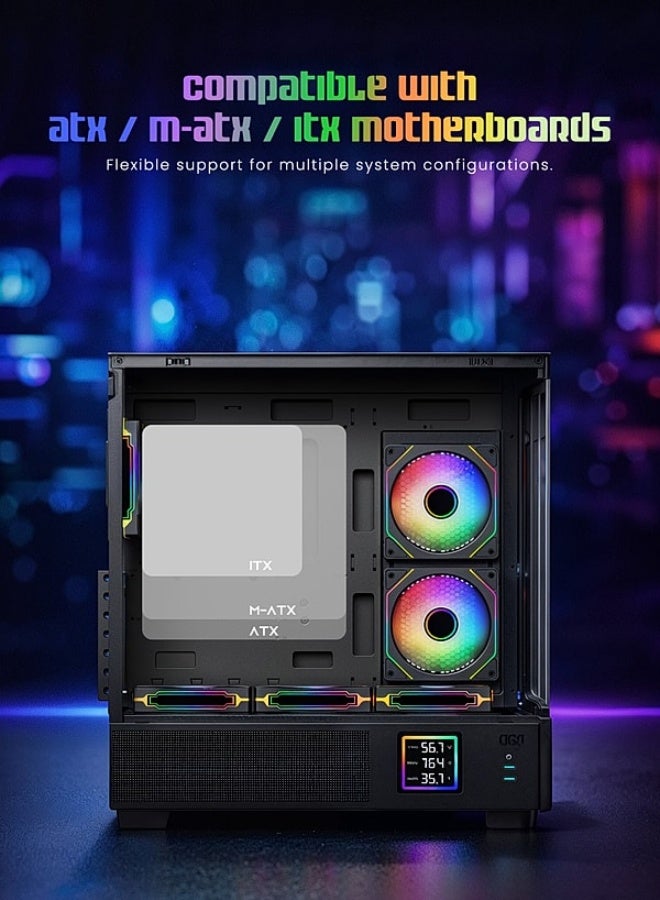 تورتوكس نيمبوس برايم أسود، صندوق كمبيوتر للألعاب متوافق مع ATX، بزجاج مقوى، وشاشة رقمية لعرض درجة الحرارة، و6 مراوح ARGB بإضاءة دائرية - Image 4