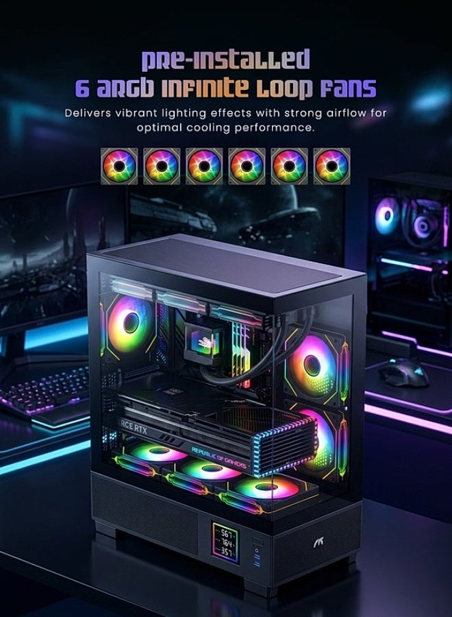 تورتوكس نيمبوس برايم أسود، صندوق كمبيوتر للألعاب متوافق مع ATX، بزجاج مقوى، وشاشة رقمية لعرض درجة الحرارة، و6 مراوح ARGB بإضاءة دائرية - Image 2