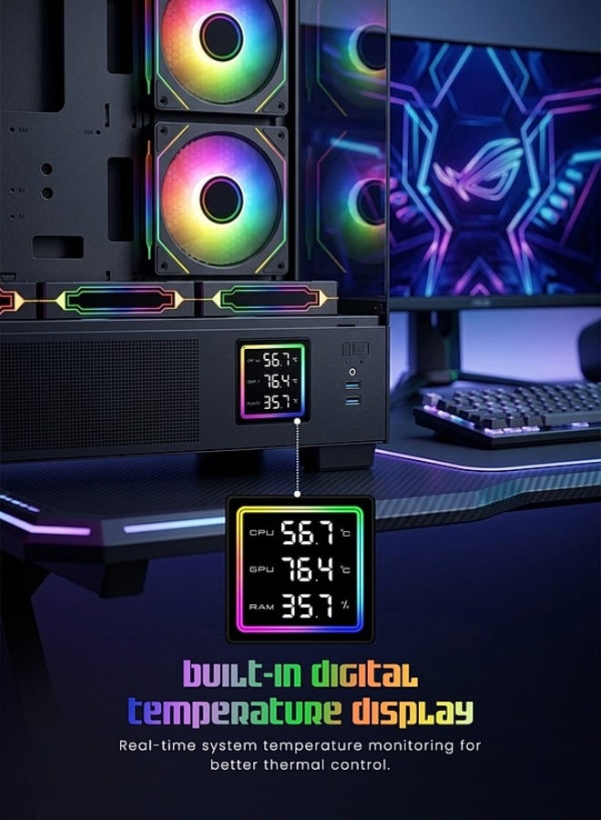 تورتوكس نيمبوس برايم أسود، صندوق كمبيوتر للألعاب متوافق مع ATX، بزجاج مقوى، وشاشة رقمية لعرض درجة الحرارة، و6 مراوح ARGB بإضاءة دائرية - Image 3