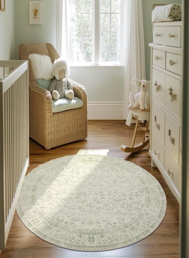 BILEEHOME Kitchen Living Room Bedroom Dining Room 5' Round Vintage Rug Indoor Floor Cover Floral Print Sage Green Circle Rug 5' Round - Image 3