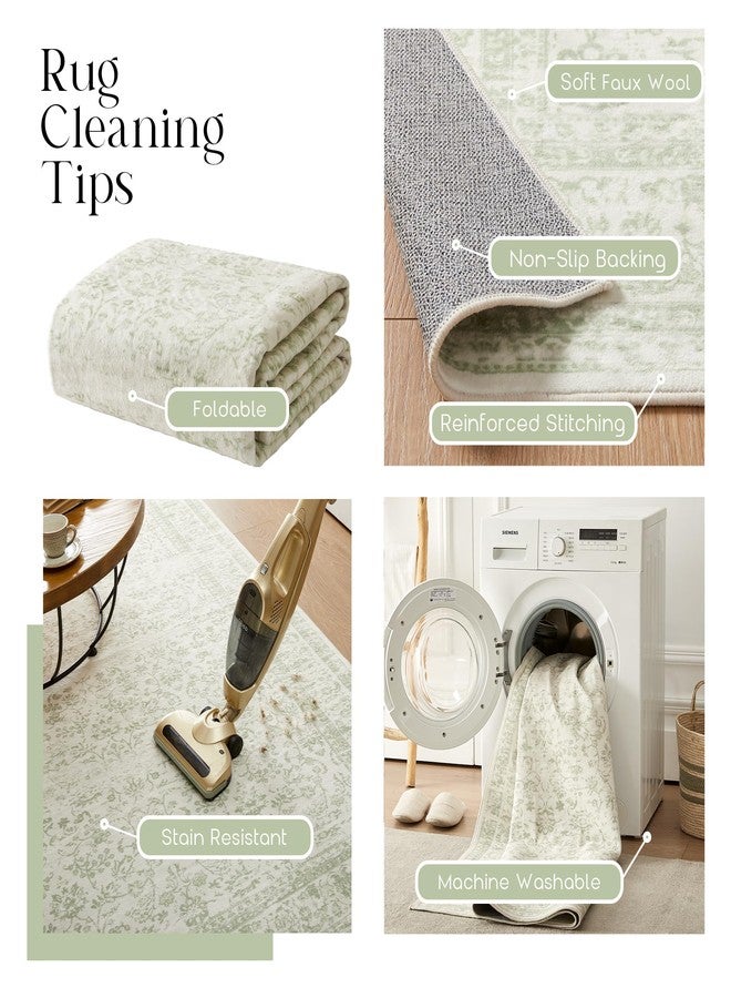 BILEEHOME Kitchen Living Room Bedroom Dining Room 5' Round Vintage Rug Indoor Floor Cover Floral Print Sage Green Circle Rug 5' Round - Image 5