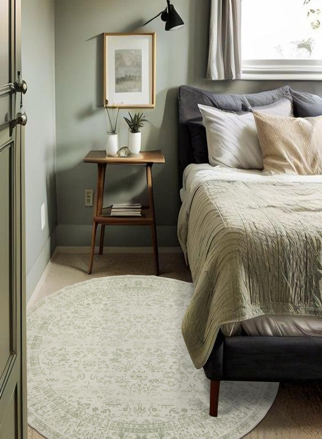 BILEEHOME Kitchen Living Room Bedroom Dining Room 5' Round Vintage Rug Indoor Floor Cover Floral Print Sage Green Circle Rug 5' Round - Image 4