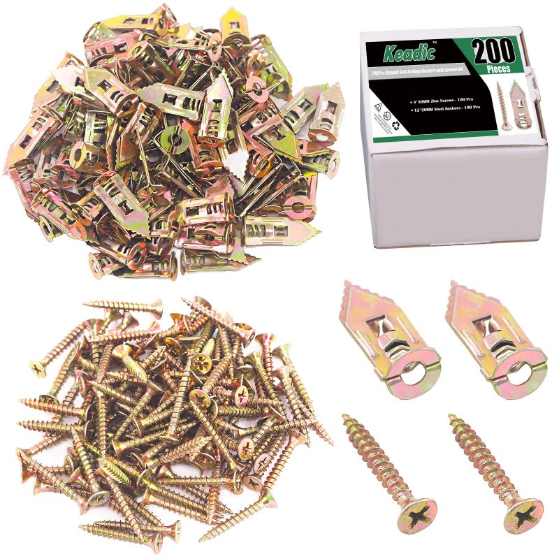 Keadic 200 Pieces 12 x 30mm Drywall Self-Drilling Anchors with Screws Kit, No Drill or Holes in Wall, Hangs up to 66 lbs - Image 1
