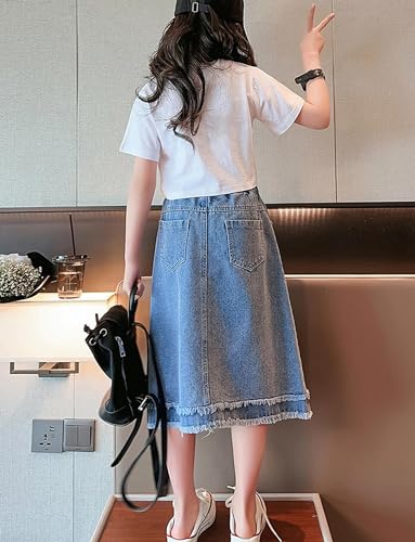 Happy Cherry Girls Casual Denim Skirt Midi A Line Knee Length Jean Skirt with Pockets High Elastic Waist Washed Skirt Blue 11-12 Years - Image 2