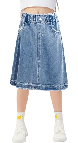 Happy Cherry Girls Casual Denim Skirt Midi A Line Knee Length Jean Skirt with Pockets High Elastic Waist Washed Skirt Blue 11-12 Years - Image 3