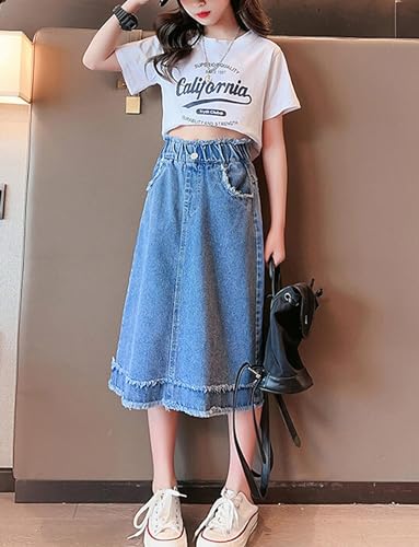 Happy Cherry Girls Casual Denim Skirt Midi A Line Knee Length Jean Skirt with Pockets High Elastic Waist Washed Skirt Blue 11-12 Years - Image 4