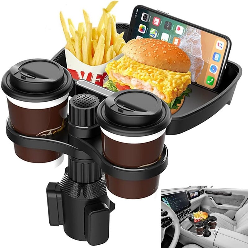 LINJIE Car Cup Holder Tray, 3-in-1 Car Cup Holder Expander with 360° Rotation Tray & Adjustable Base, Car Dining Table,Multifunctional Detachable Car Food Table for All Car Models - Image 1