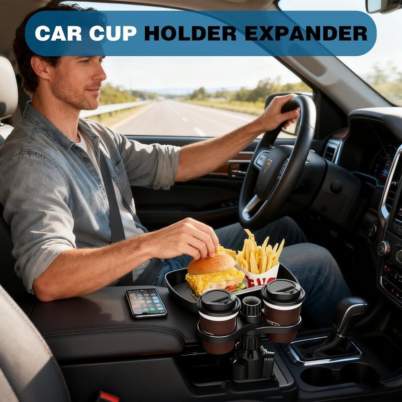 LINJIE Car Cup Holder Tray, 3-in-1 Car Cup Holder Expander with 360° Rotation Tray & Adjustable Base, Car Dining Table,Multifunctional Detachable Car Food Table for All Car Models - Image 2