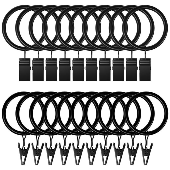 20PACK CURTAIN RINGS WITH CLIPS DRAPERY CLIPS FOR CURTAIN DRAPERY RINGS WITH CLIPS FOR HANGING DRAPERY DRAPES BOWS 126 INCH INTERIOR DIAMETER FITS UP TO 11 IN CURTAIN ROD VINTAGE BLACK