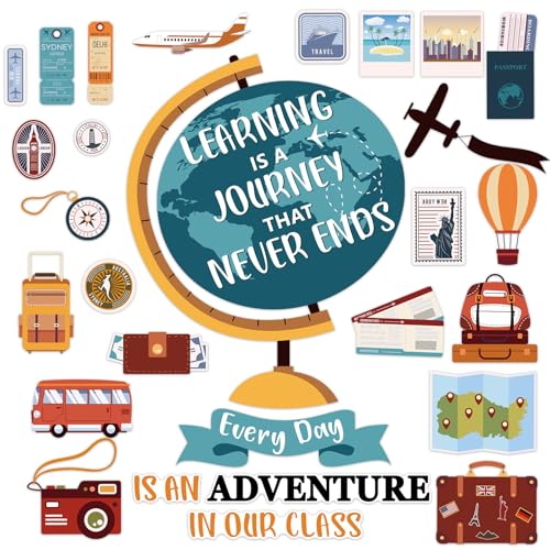 Justforjoyful Travel Bulletin Board Decoration Learning is a Journey Bulletin Cutouts Adventure Theme Classroom Decor Travel Map Poster Set for Teachers Students Back to School Wall Chalkboard Decor - Image 1